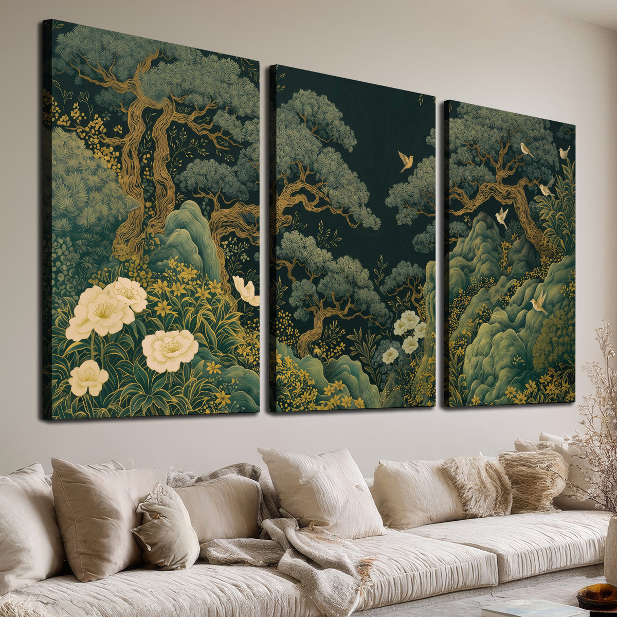 Decorative green trees, rocks, flowers and small birds 3 piece canvas wall art room and product view
