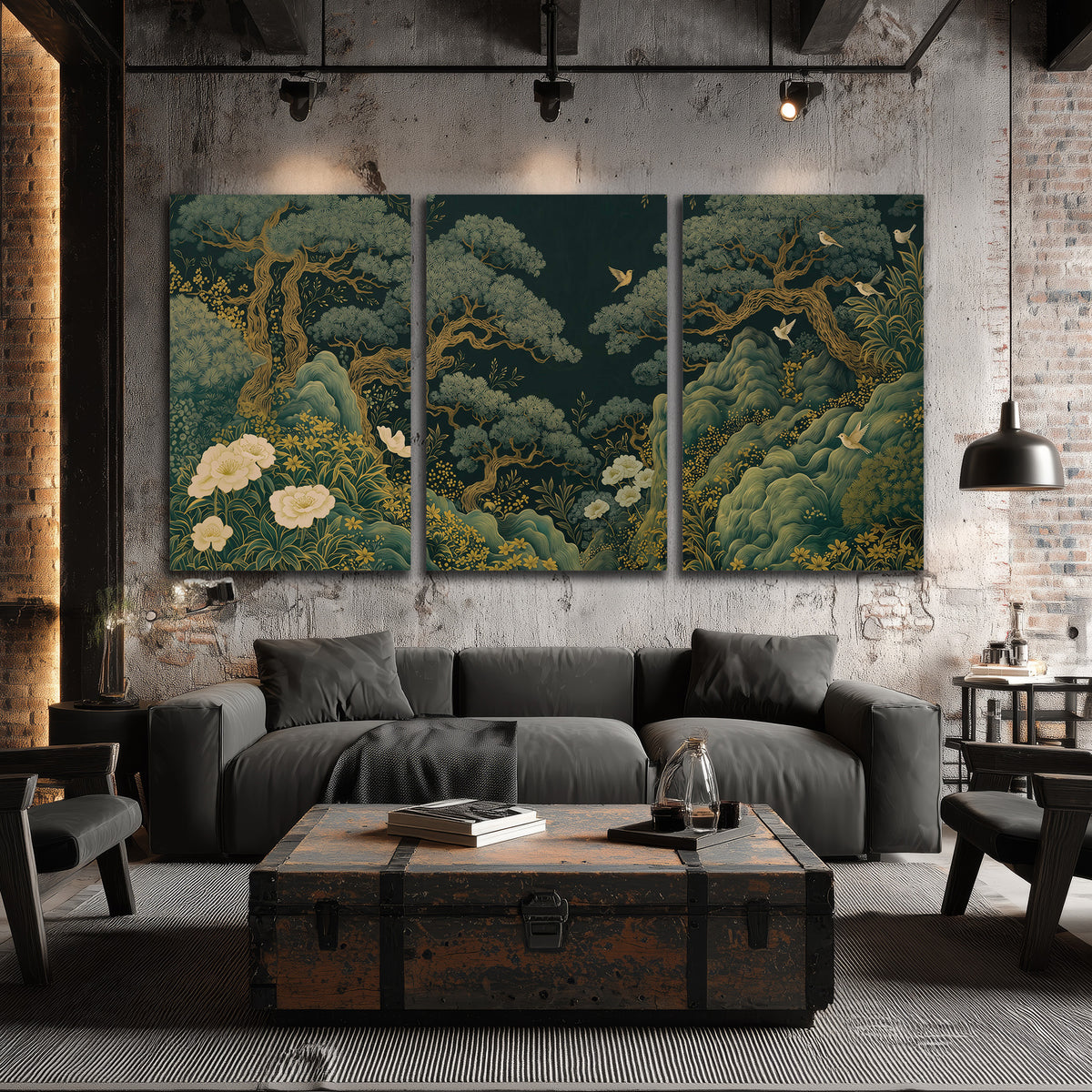 Decorative green trees, rocks, flowers and small birds 3 piece canvas wall art displayed in a industrial room