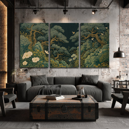 Decorative green trees, rocks, flowers and small birds 3 piece canvas wall art displayed in a industrial room