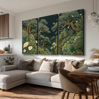 Decorative green trees, rocks, flowers and small birds 3 piece canvas wall art room and product view