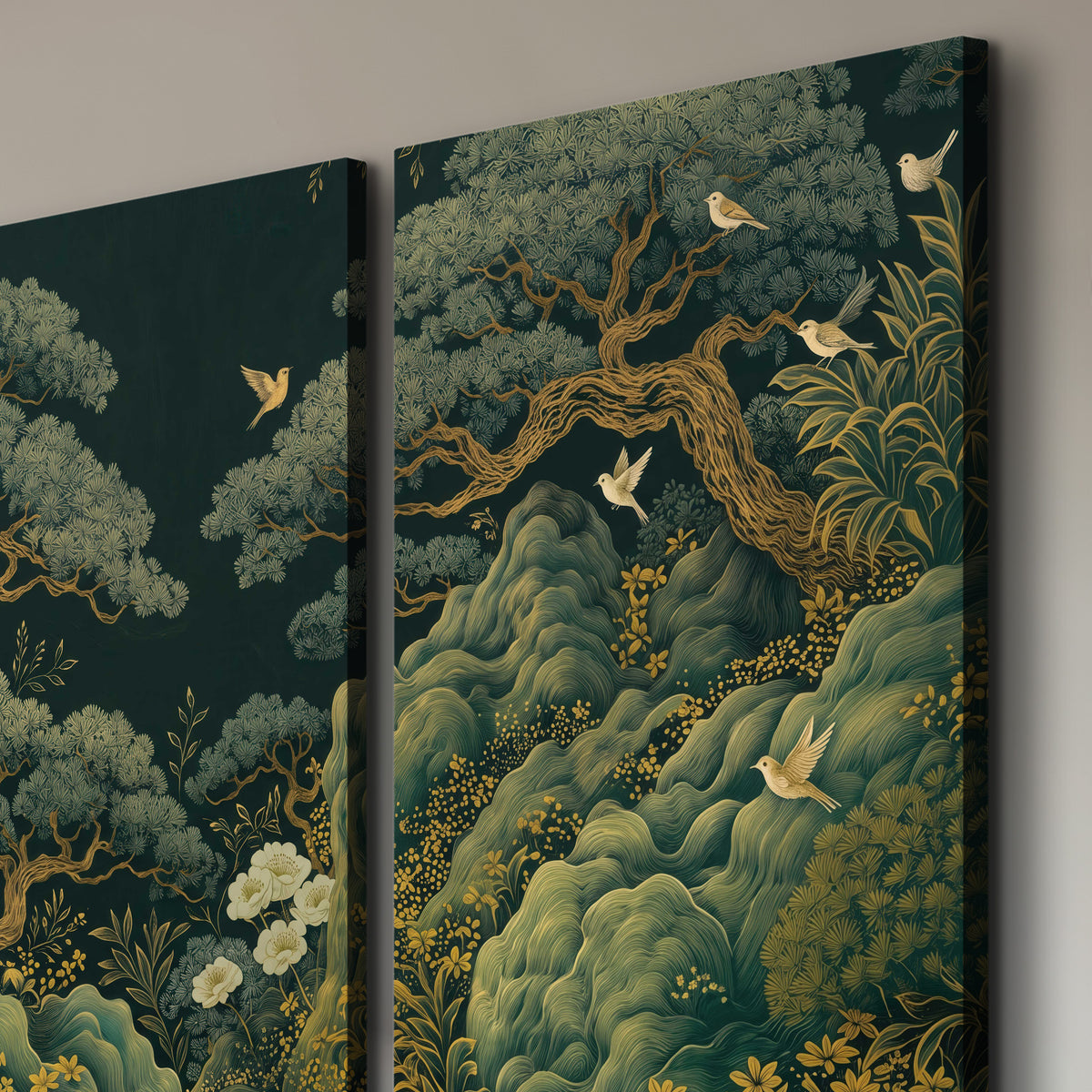 Decorative green trees, rocks, flowers and small birds 3 piece canvas wall art room and product view
