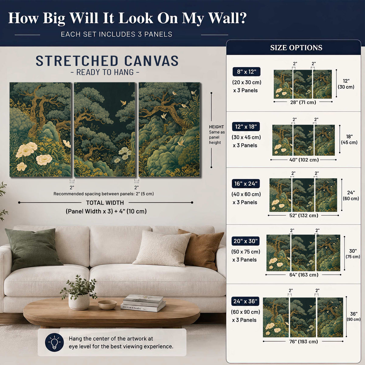 Decorative green trees, rocks, flowers and small birds 3 piece canvas wall art size guide above a sofa; room view is illustrative