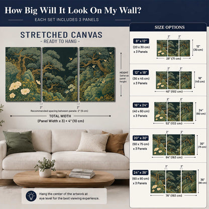 Decorative green trees, rocks, flowers and small birds 3 piece canvas wall art size guide above a sofa; room view is illustrative