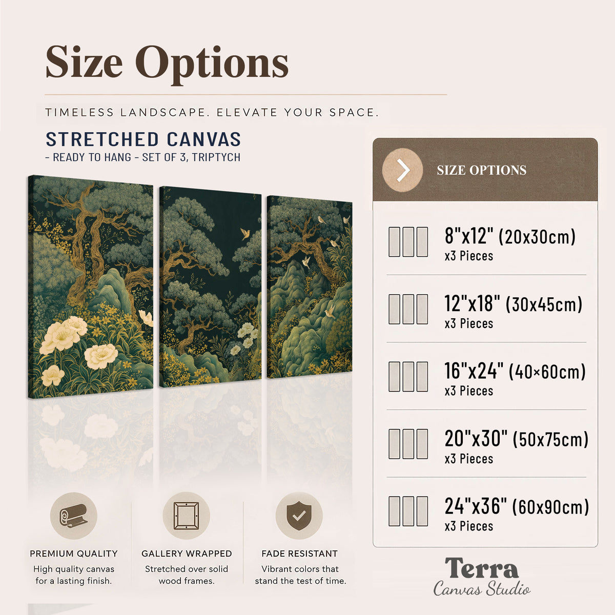 Decorative green trees, rocks, flowers and small birds 3 piece canvas wall art available dimensions; triptych dimensions are per panel