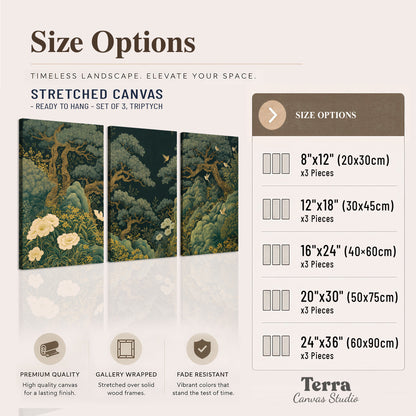 Decorative green trees, rocks, flowers and small birds 3 piece canvas wall art available dimensions; triptych dimensions are per panel
