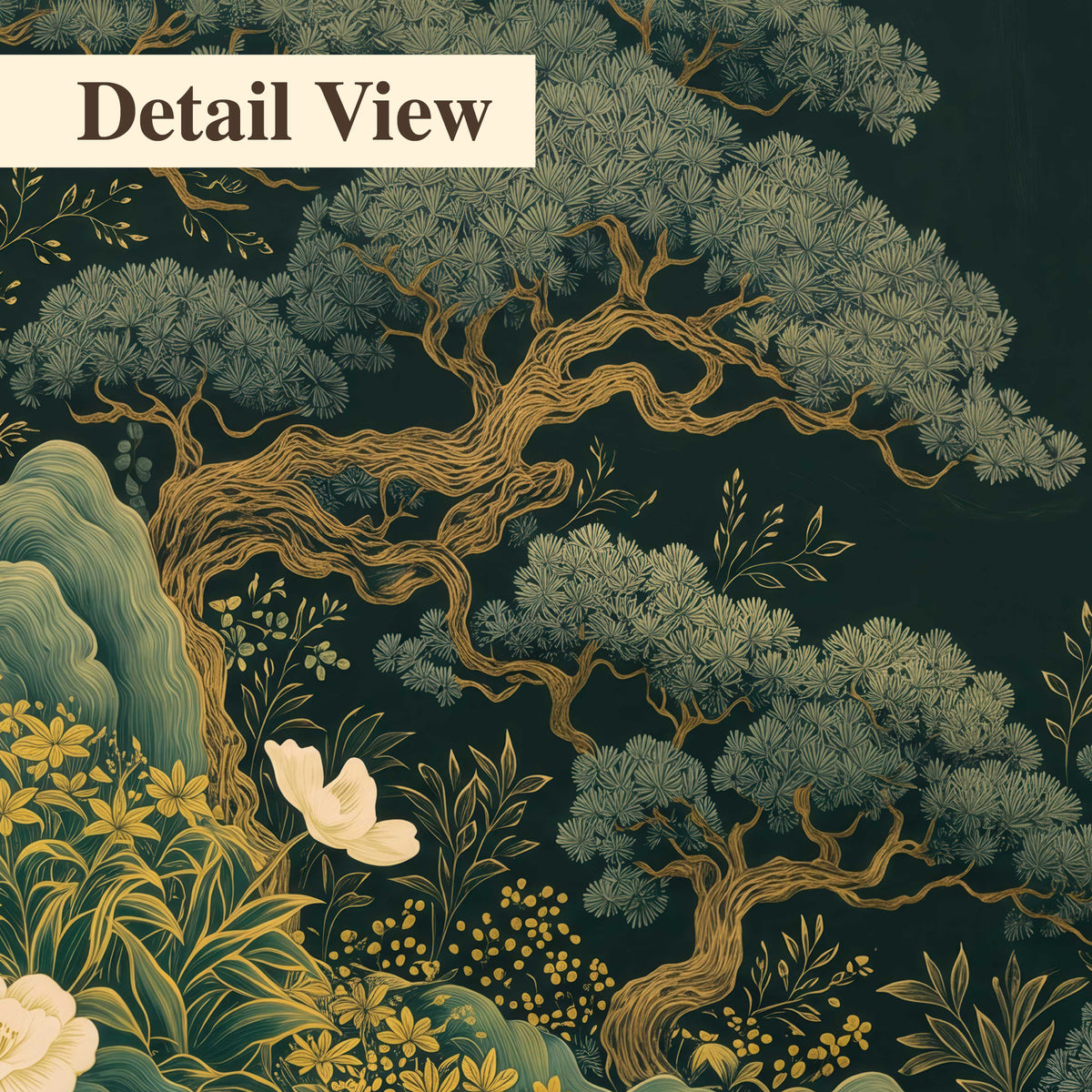 Decorative green trees, rocks, flowers and small birds 3 piece canvas wall art artwork detail close up