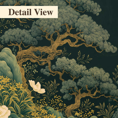 Decorative green trees, rocks, flowers and small birds 3 piece canvas wall art artwork detail close up