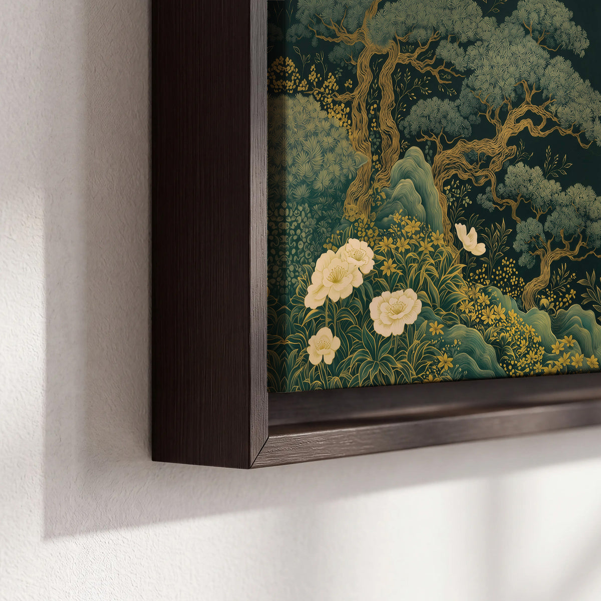 Decorative green trees, rocks, flowers and small birds 3 piece framed canvas wall art material and edge close up