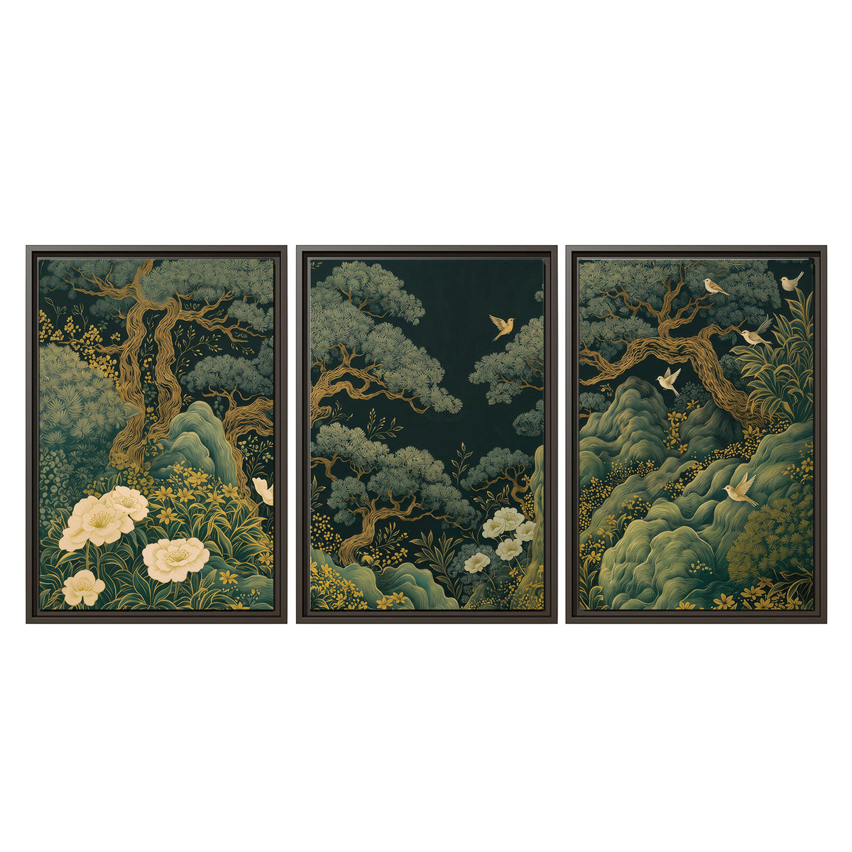 Decorative green trees, rocks, flowers and small birds 3 piece framed canvas wall art viewed straight on