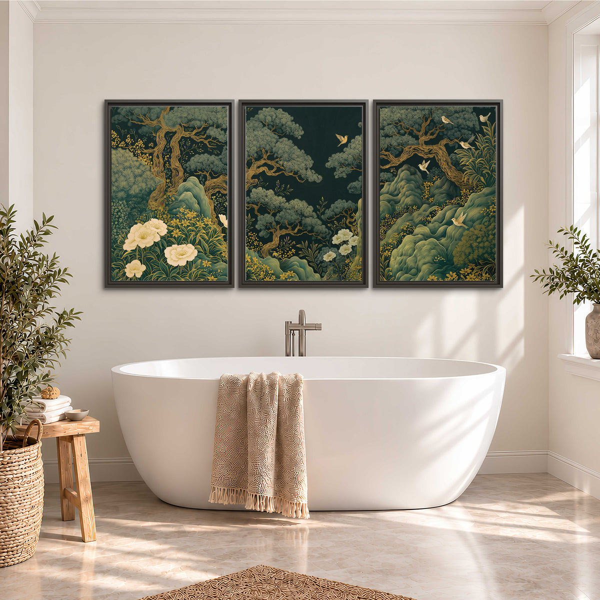 Decorative green trees, rocks, flowers and small birds 3 piece framed canvas wall art styled in an interior