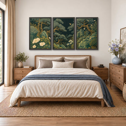 Decorative green trees, rocks, flowers and small birds 3 piece framed canvas wall art styled in an interior