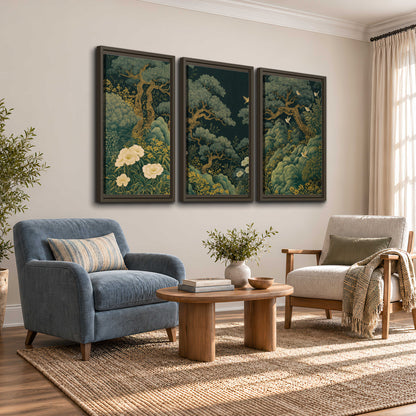 Decorative green trees, rocks, flowers and small birds 3 piece framed canvas wall art styled in an interior