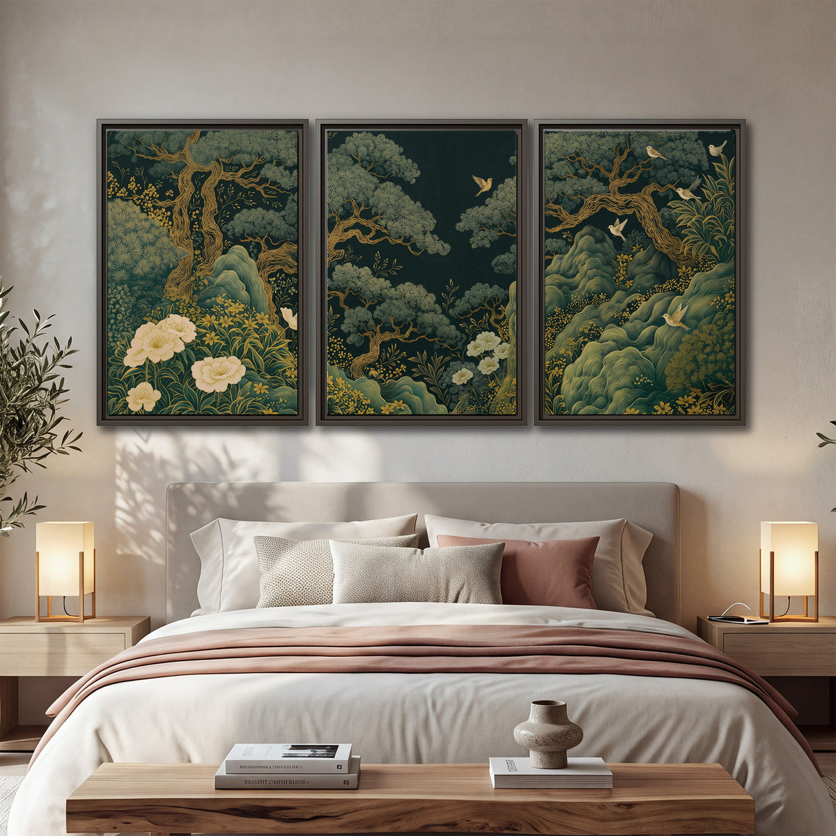 Decorative green trees, rocks, flowers and small birds 3 piece framed canvas wall art displayed in a bedroom
