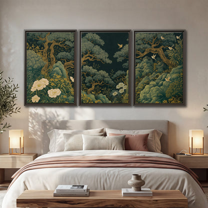 Decorative green trees, rocks, flowers and small birds 3 piece framed canvas wall art displayed in a bedroom