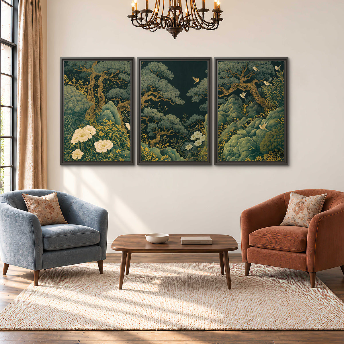 Decorative green trees, rocks, flowers and small birds 3 piece framed canvas wall art styled in an interior