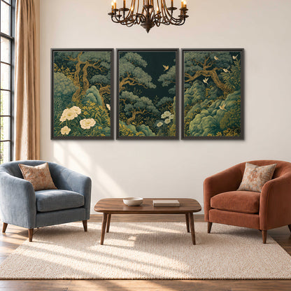 Decorative green trees, rocks, flowers and small birds 3 piece framed canvas wall art styled in an interior