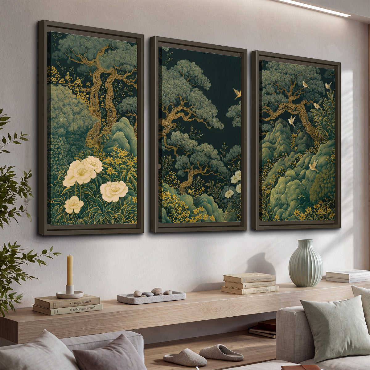 Decorative green trees, rocks, flowers and small birds 3 piece framed canvas wall art displayed in a console