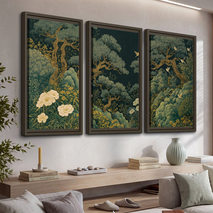 Decorative green trees, rocks, flowers and small birds 3 piece framed canvas wall art displayed in a console
