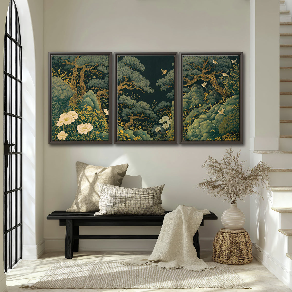 Decorative green trees, rocks, flowers and small birds 3 piece framed canvas wall art displayed in a entryway