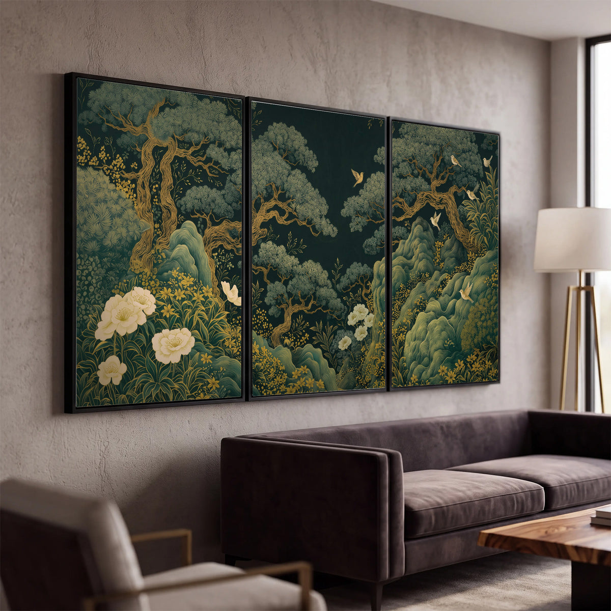 Decorative green trees, rocks, flowers and small birds 3 piece framed canvas wall art displayed in a modern living room