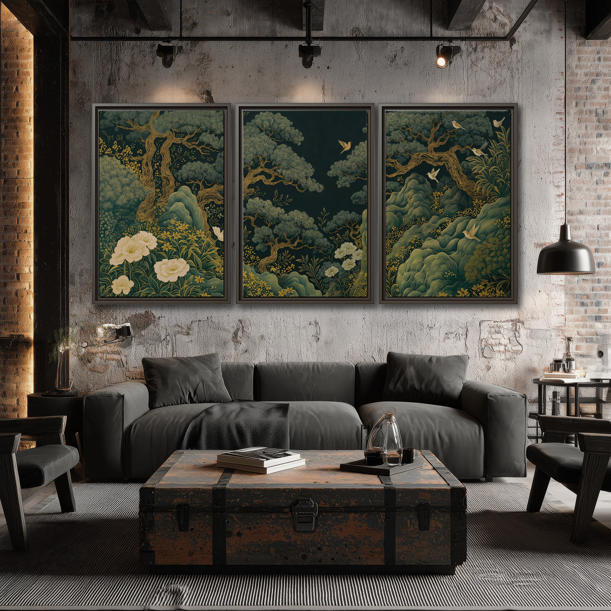 Decorative green trees, rocks, flowers and small birds 3 piece framed canvas wall art displayed in a industrial room