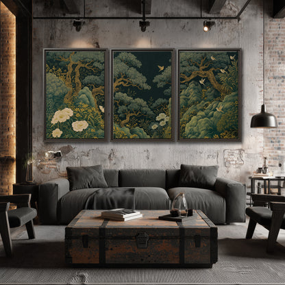 Decorative green trees, rocks, flowers and small birds 3 piece framed canvas wall art displayed in a industrial room
