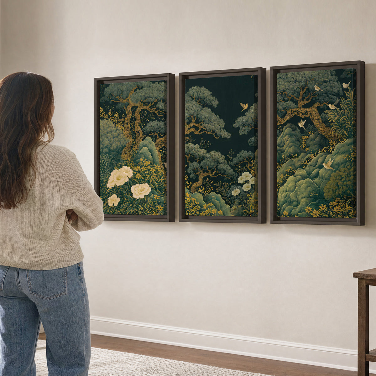 Decorative green trees, rocks, flowers and small birds 3 piece framed canvas wall art three panel arrangement on a wall