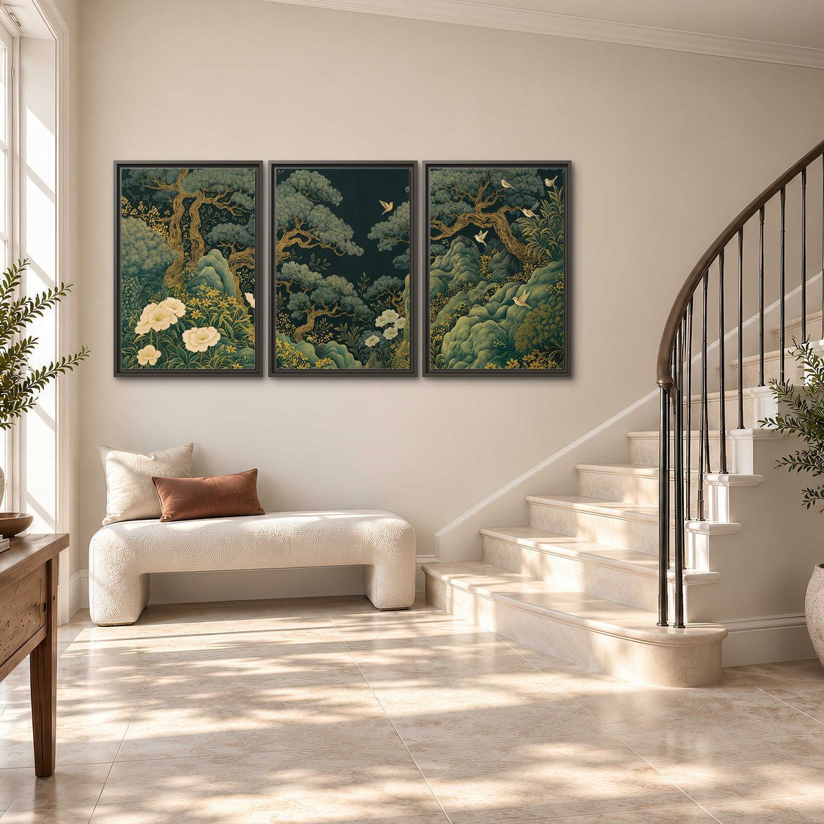 Decorative green trees, rocks, flowers and small birds 3 piece framed canvas wall art styled in an interior