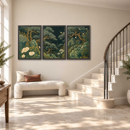 Decorative green trees, rocks, flowers and small birds 3 piece framed canvas wall art styled in an interior
