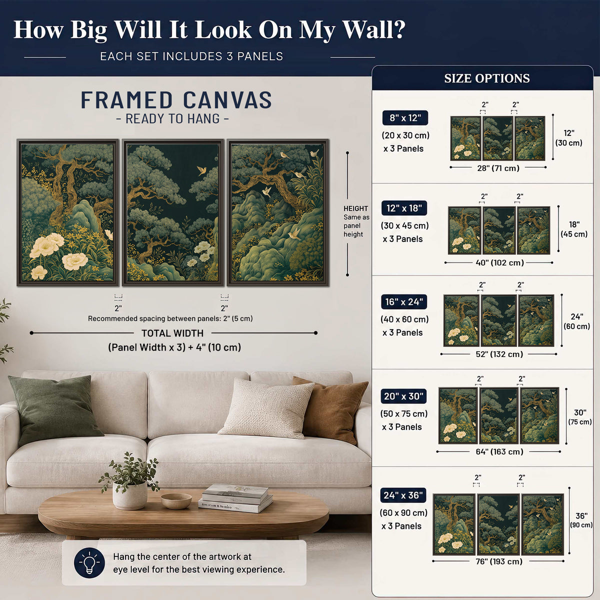 Decorative green trees, rocks, flowers and small birds 3 piece framed canvas wall art size guide above a sofa; room view is illustrative