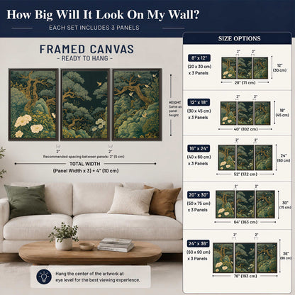 Decorative green trees, rocks, flowers and small birds 3 piece framed canvas wall art size guide above a sofa; room view is illustrative