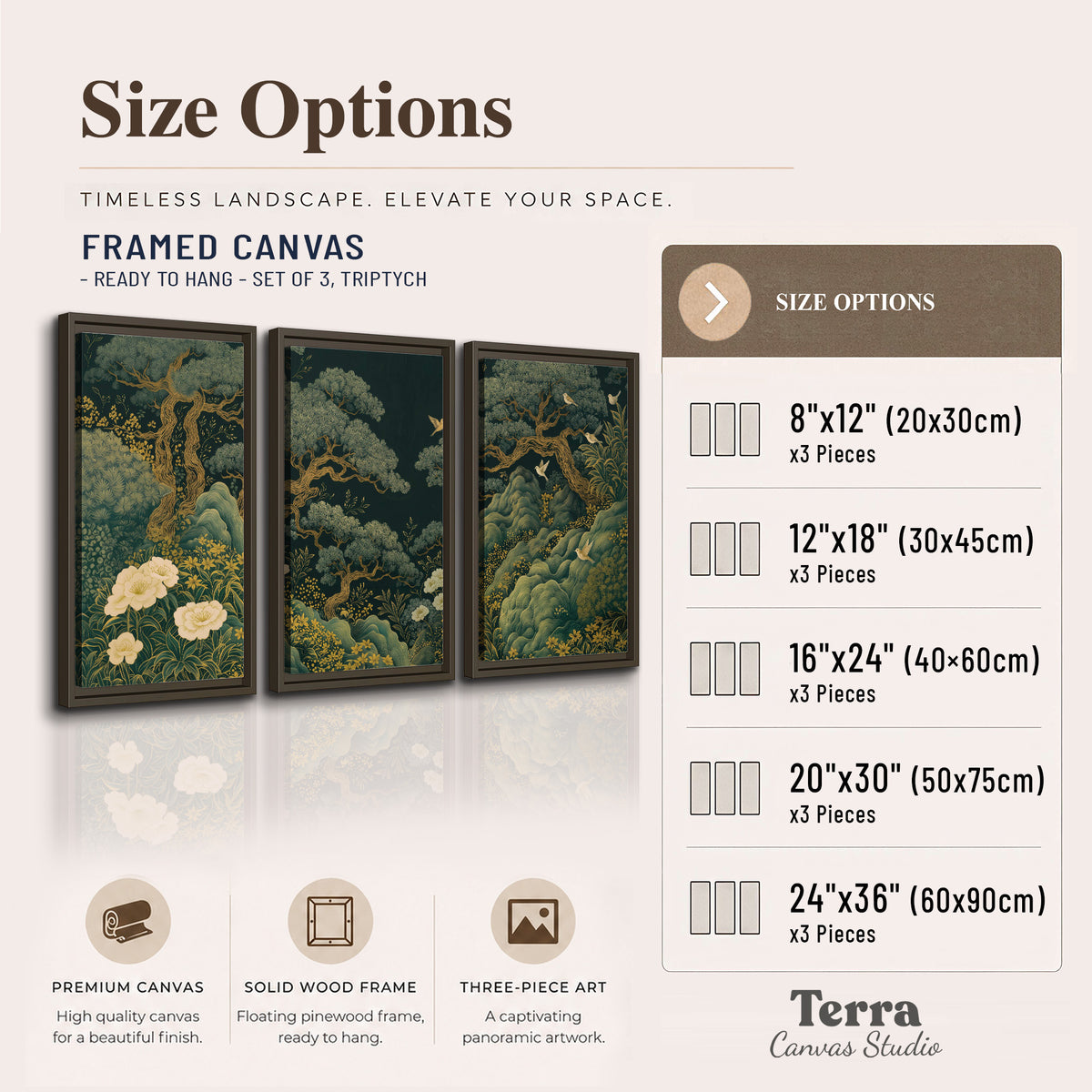 Decorative green trees, rocks, flowers and small birds 3 piece framed canvas wall art available dimensions; triptych dimensions are per panel