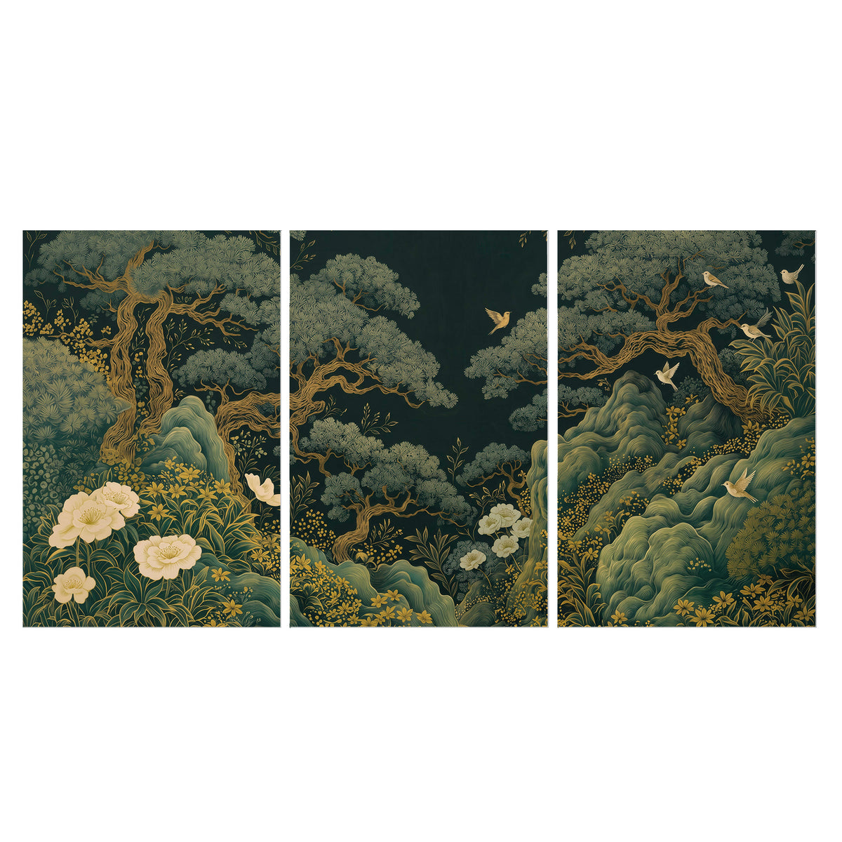 Decorative green trees, rocks, flowers and small birds set of 3 poster prints viewed straight on
