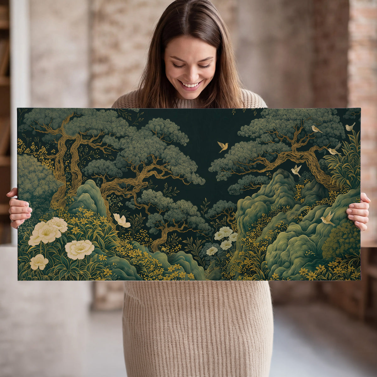 Decorative green trees, rocks, flowers and small birds single canvas wall art held in hands