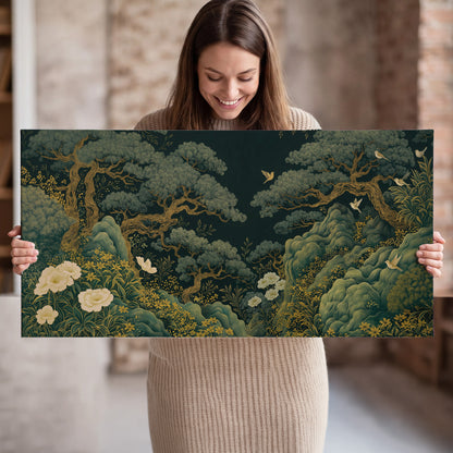 Decorative green trees, rocks, flowers and small birds single canvas wall art held in hands