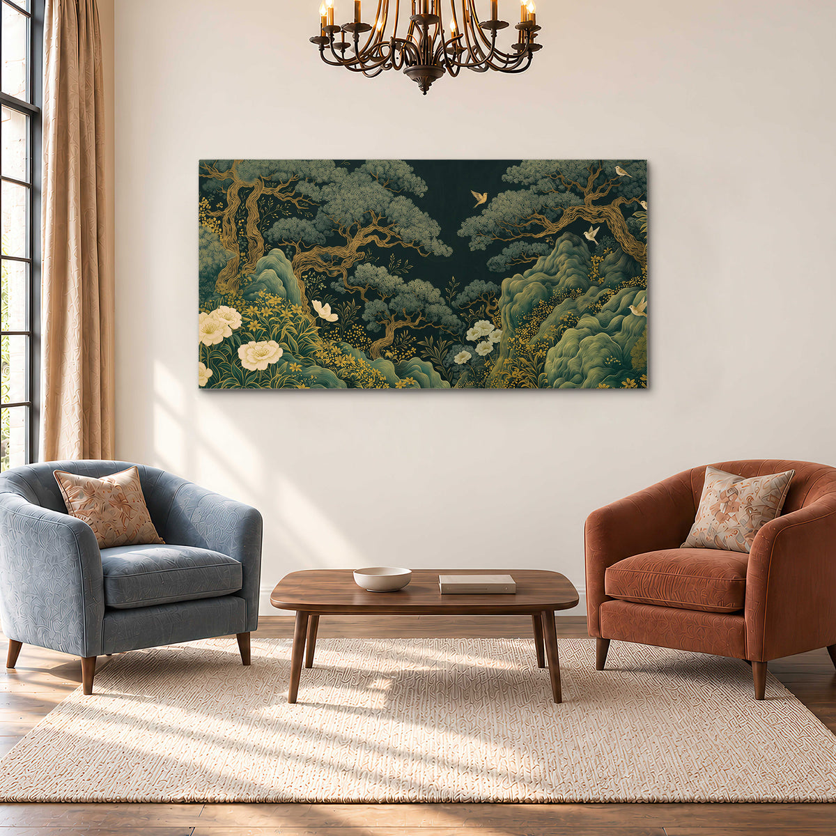 Decorative green trees, rocks, flowers and small birds single canvas wall art styled in an interior