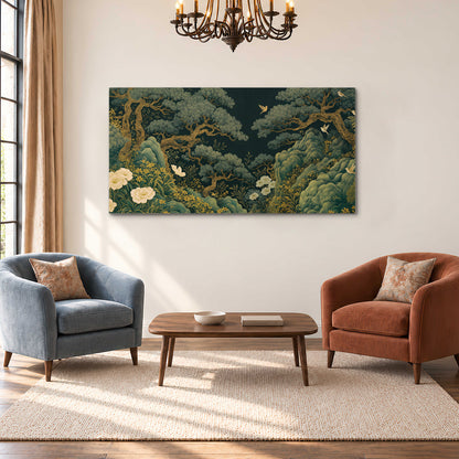 Decorative green trees, rocks, flowers and small birds single canvas wall art styled in an interior