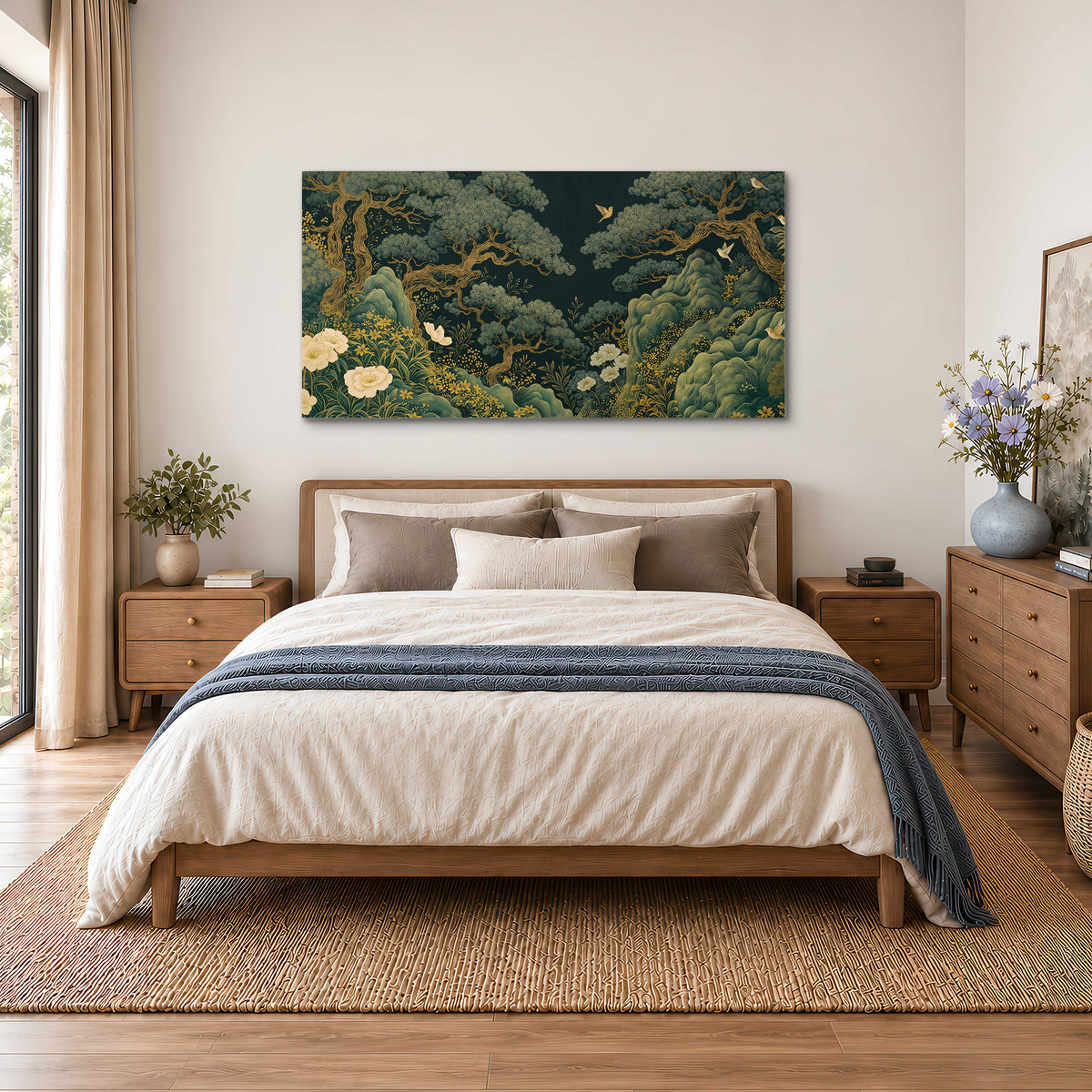 Decorative green trees, rocks, flowers and small birds single canvas wall art styled in an interior