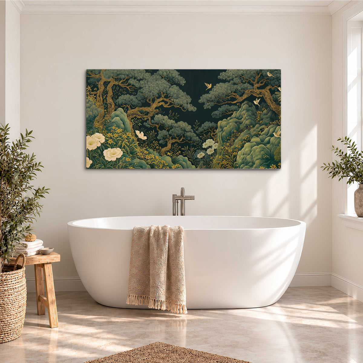 Decorative green trees, rocks, flowers and small birds single canvas wall art styled in an interior