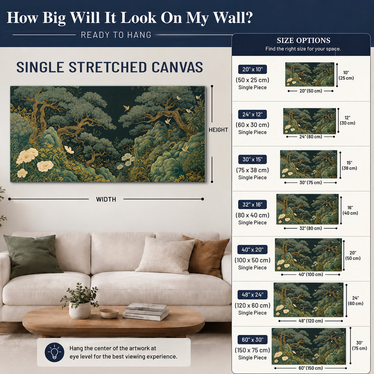 Decorative green trees, rocks, flowers and small birds single canvas wall art size guide above a sofa; room view is illustrative