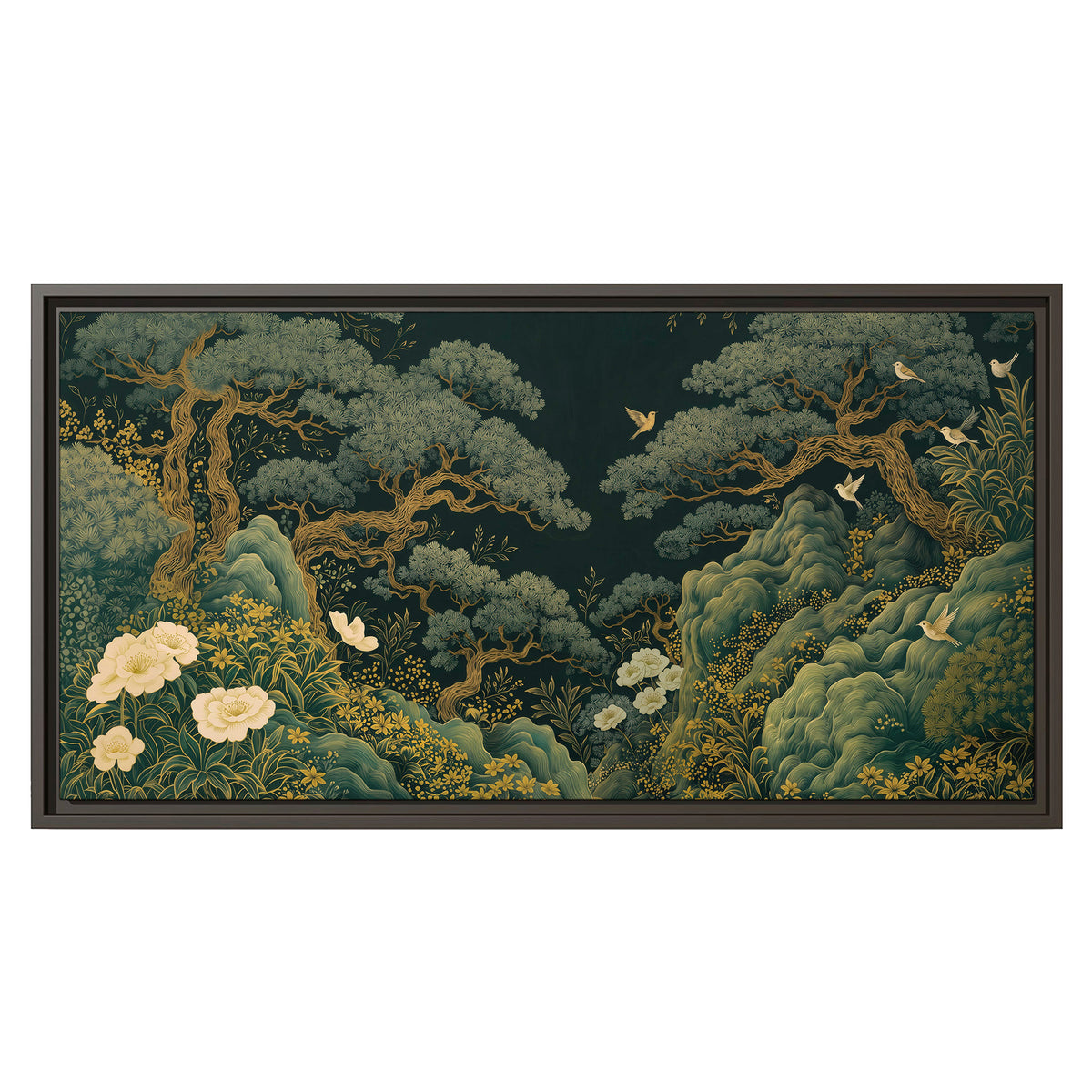 Decorative green trees, rocks, flowers and small birds single framed canvas wall art viewed straight on
