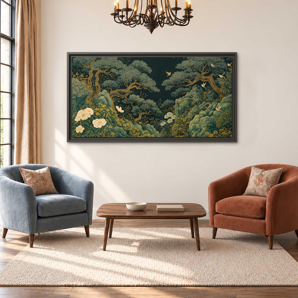 Decorative green trees, rocks, flowers and small birds single framed canvas wall art styled in an interior