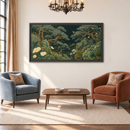 Decorative green trees, rocks, flowers and small birds single framed canvas wall art styled in an interior