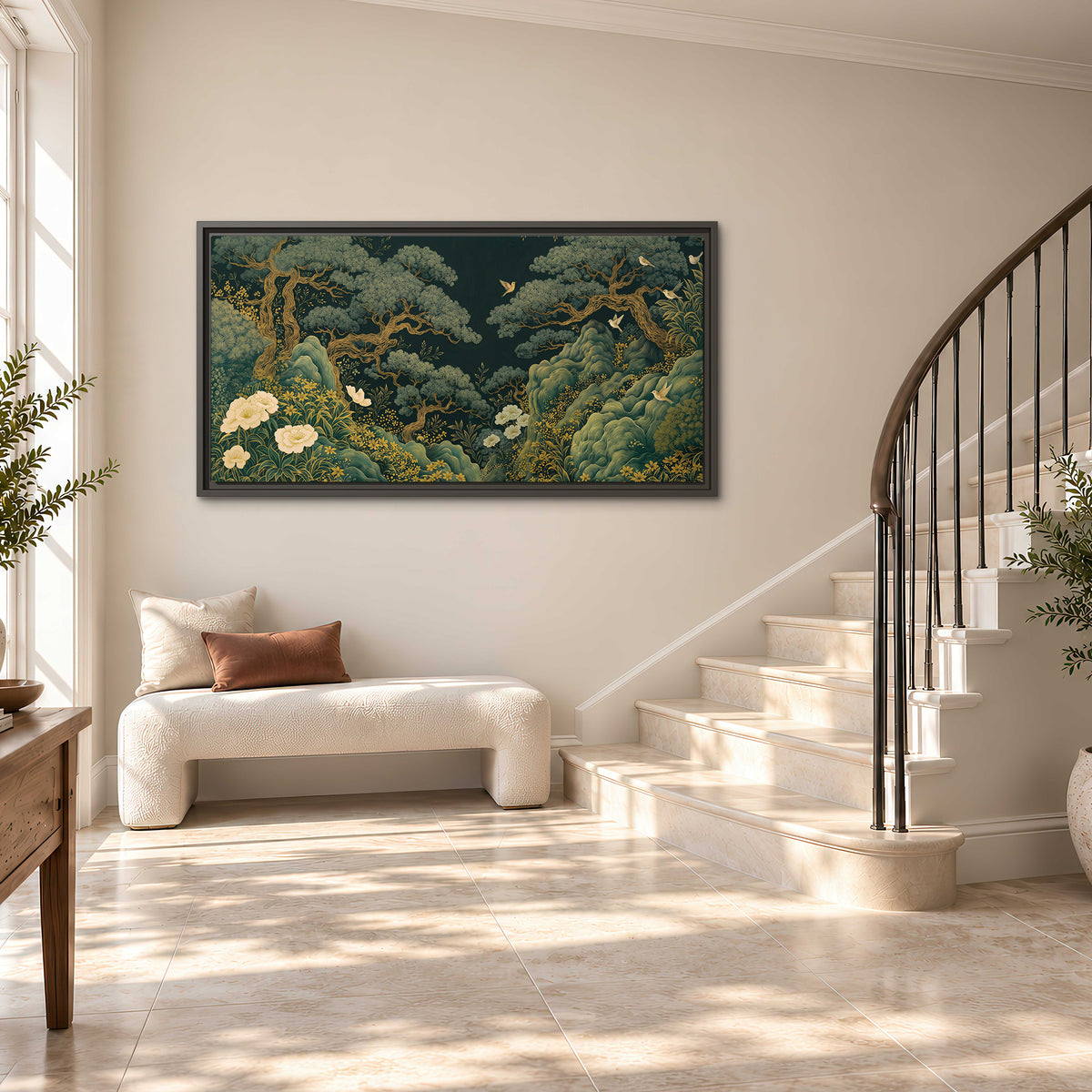 Decorative green trees, rocks, flowers and small birds single framed canvas wall art styled in an interior