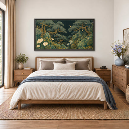 Decorative green trees, rocks, flowers and small birds single framed canvas wall art styled in an interior