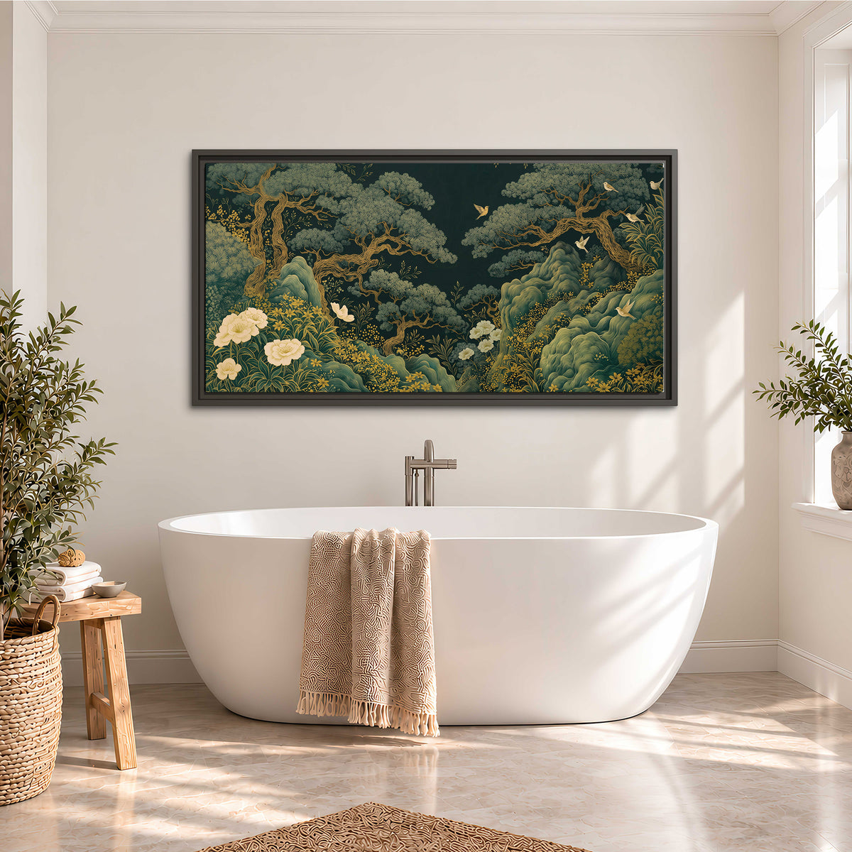 Decorative green trees, rocks, flowers and small birds single framed canvas wall art styled in an interior