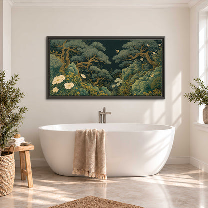 Decorative green trees, rocks, flowers and small birds single framed canvas wall art styled in an interior