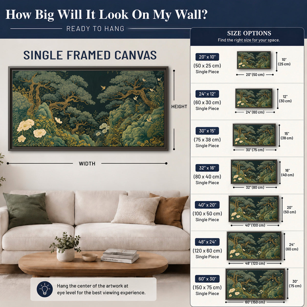 Decorative green trees, rocks, flowers and small birds single framed canvas wall art size guide above a sofa; room view is illustrative