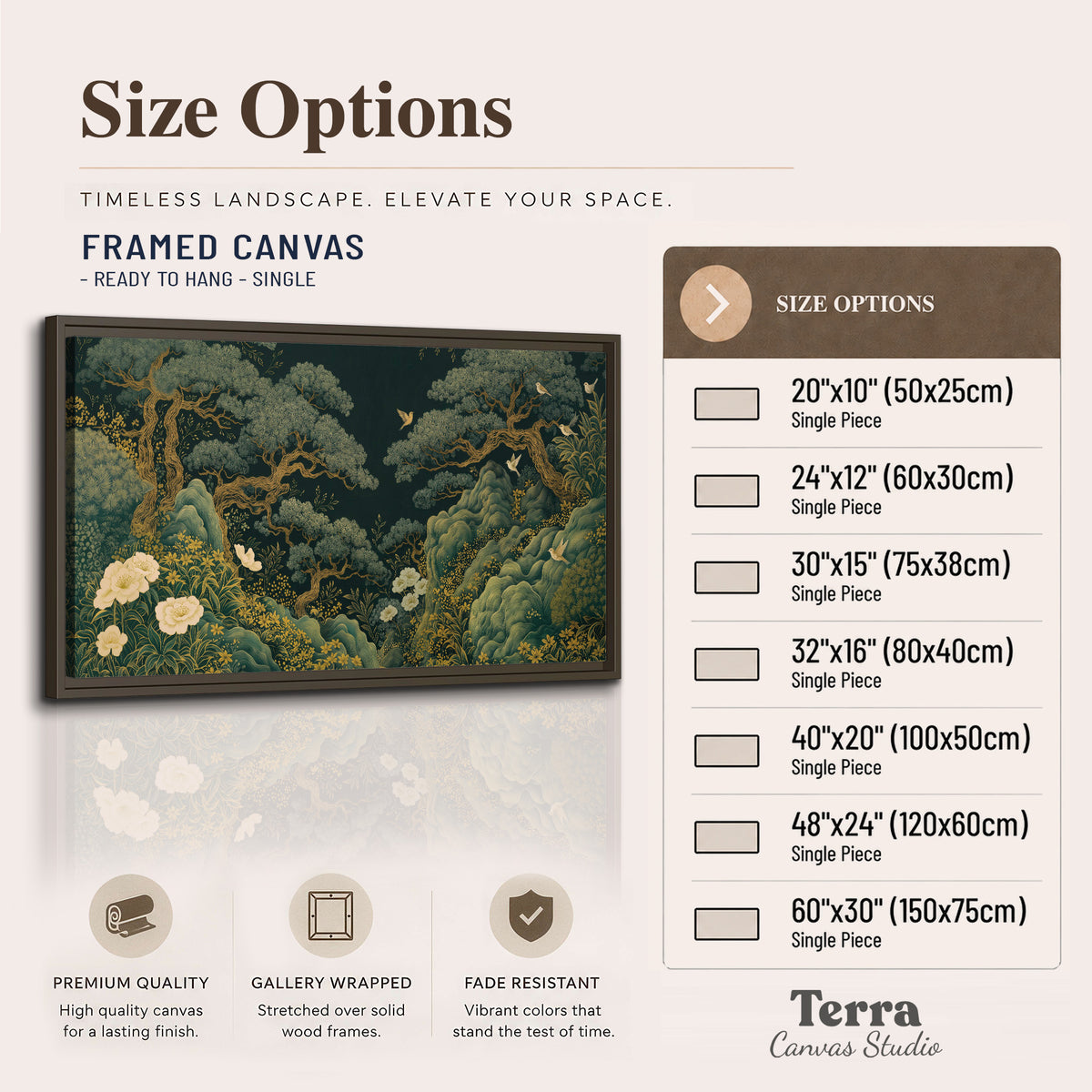 Decorative green trees, rocks, flowers and small birds single framed canvas wall art available dimensions