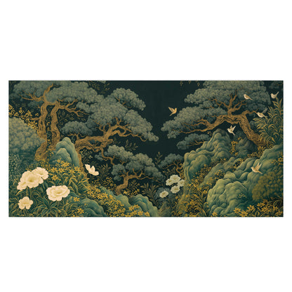 Decorative green trees, rocks, flowers and small birds single poster print viewed straight on